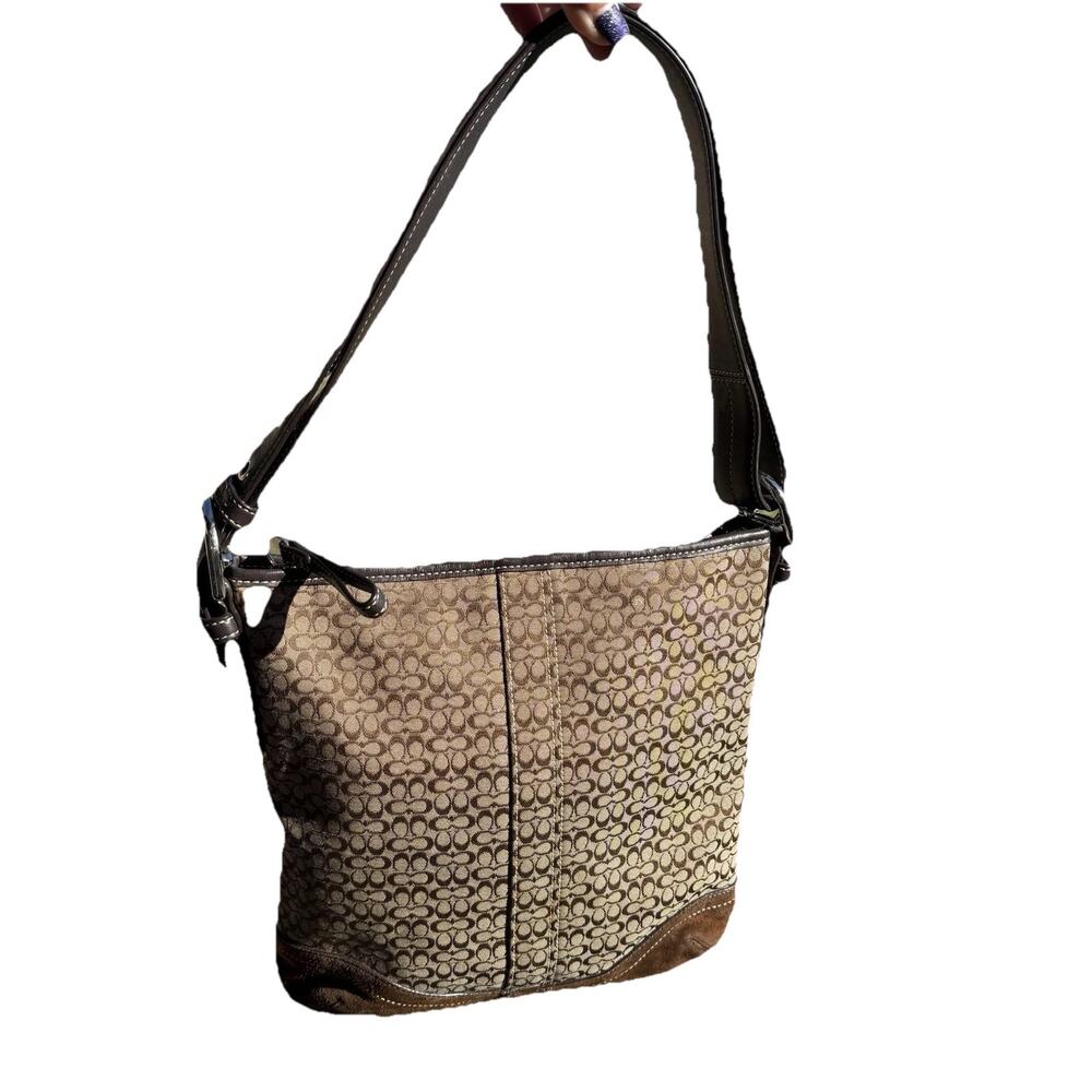 Vintage Coach Signature Mini C Bag Canvas Suede Shoulder Bag Purse Brown F10944